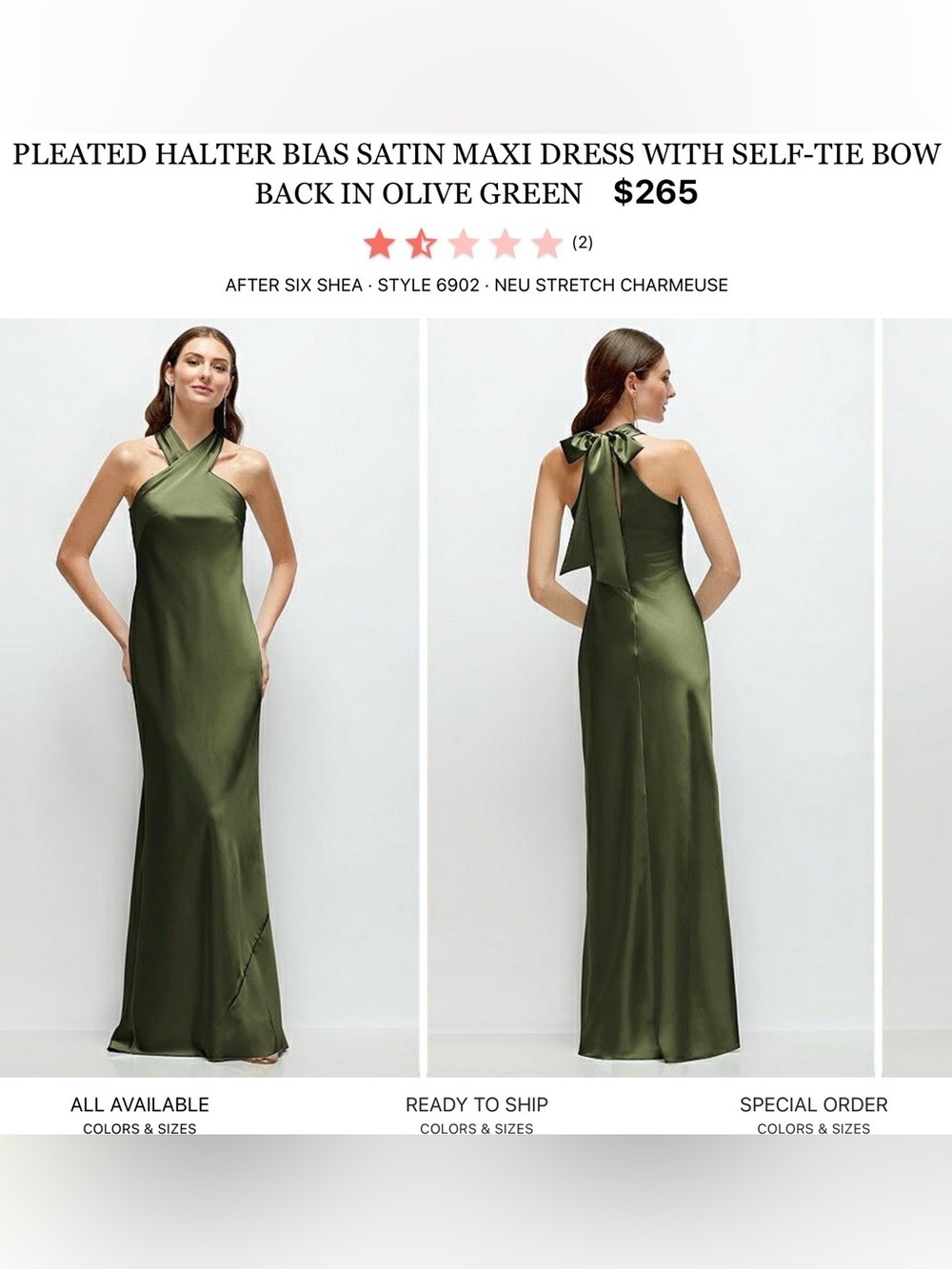 After Six Olive Green Satin Pleated Halter Maxi Dress with Back Bow